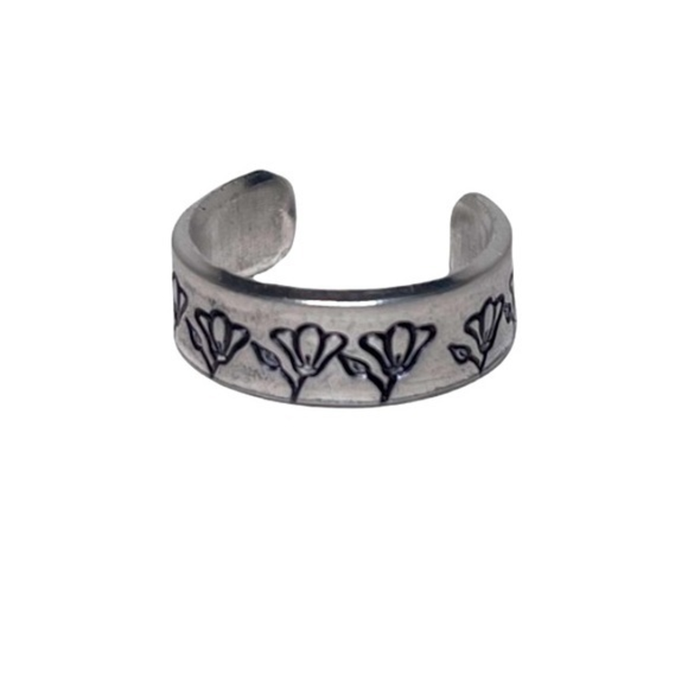 Handmade 7 hand stamped boho floral silver hypoallergenic adjustable cuff ring‎